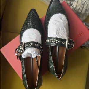 Maeve / Anthropologie Pointed-Toe Moto Mary Jane Flats - Green Snake Skin